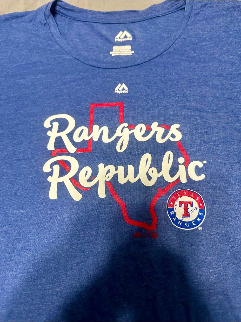 Majestic Rangers Republic Blue Tee with Red & White Graphics Texas Rangers BB